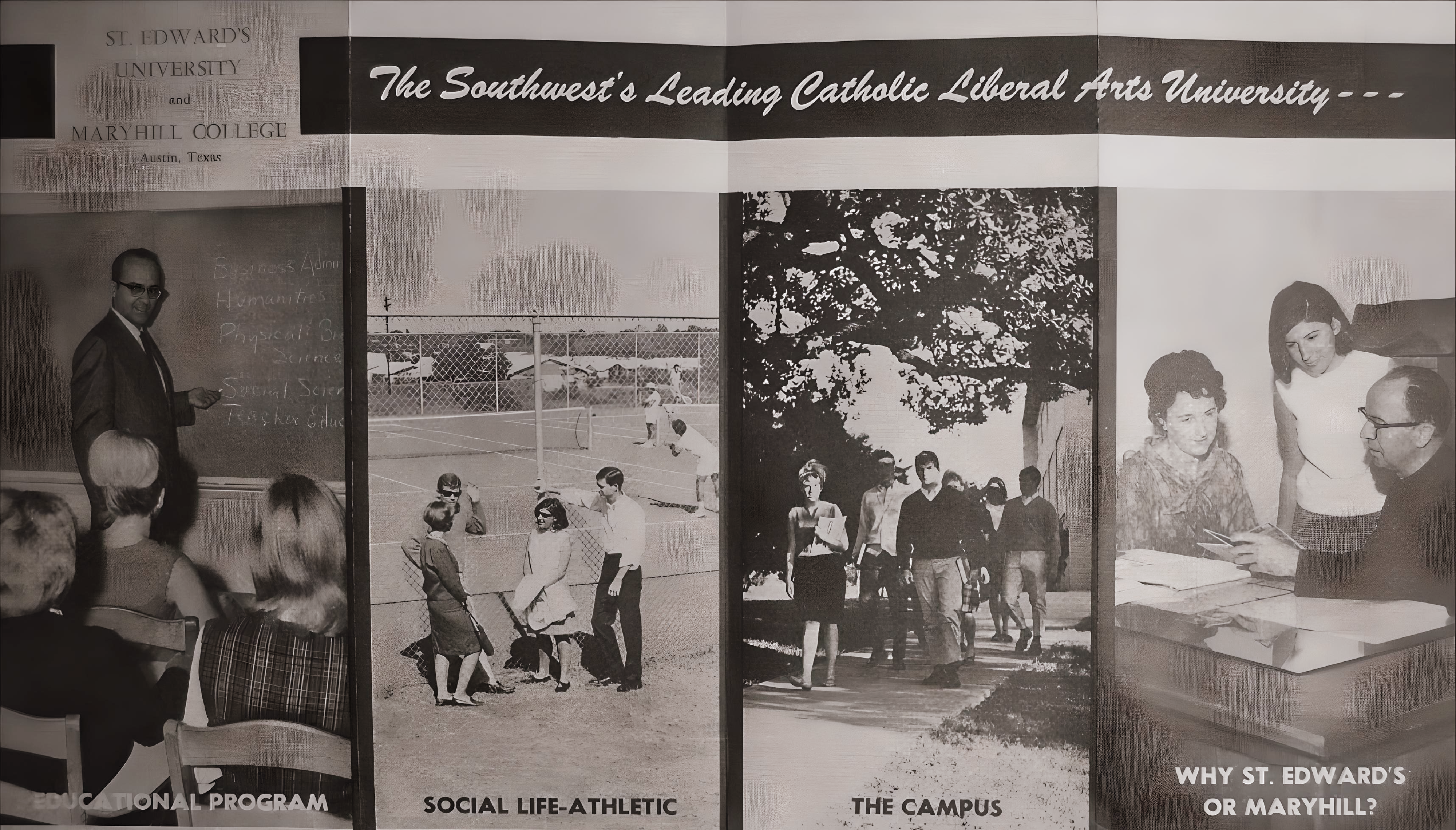 An old black and white photo of the main building in the background with a hand painted sign St.Edwards / Marryhill. The Friendliest University in the USA that says "Welcome top 